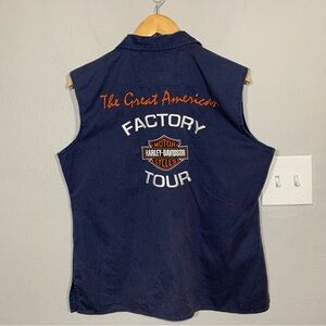 Vintage Y2K Harley Davidson Factory Tour Blue Sleeveless Button Up‎ Womens Large